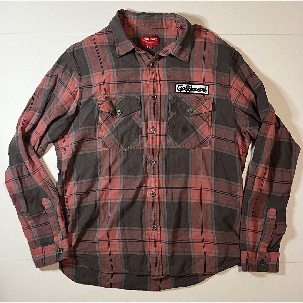 Supreme Flannel God Bless Plaid Rose Work Shirt Size Large FW17 RARE